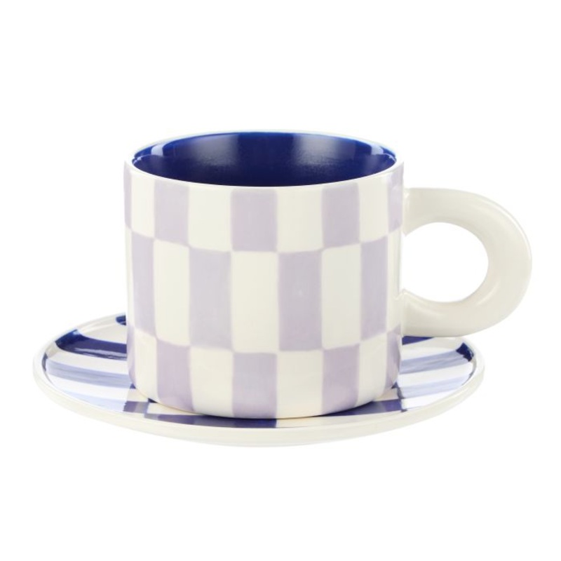 Emporium Check Mug & Plate Set Lilac & Navy