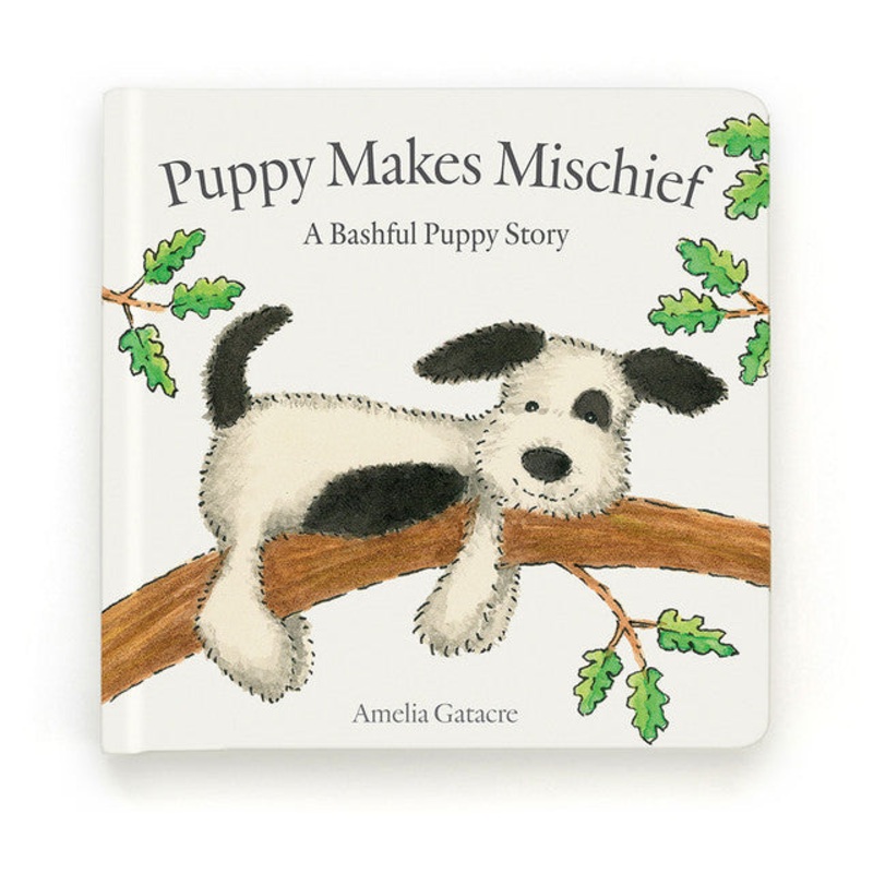 Jellycat Book Puppy Makes Mischief (Bashful Black & Cream Puppy)