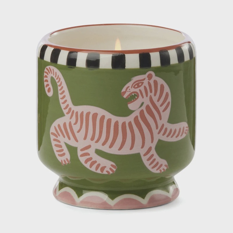A Dopo 8 oz Handpainted " Tiger" Ceramic Candle - Black Cedar & Fig