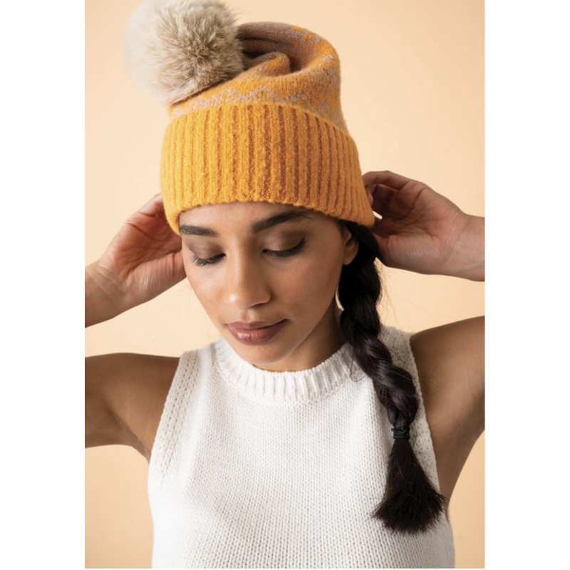 Thora Bobble Hat - Mustard Taupe