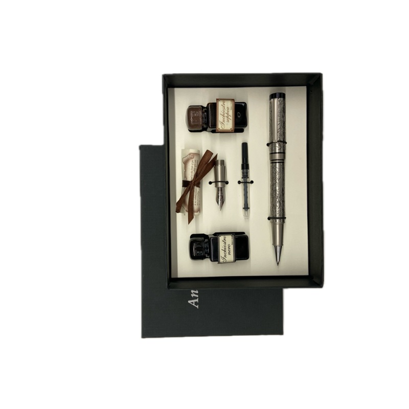 Floral Metal Pen 2 Points ( Roller & Fountain) with 2 Ink Bottles 20cc in Gift Box