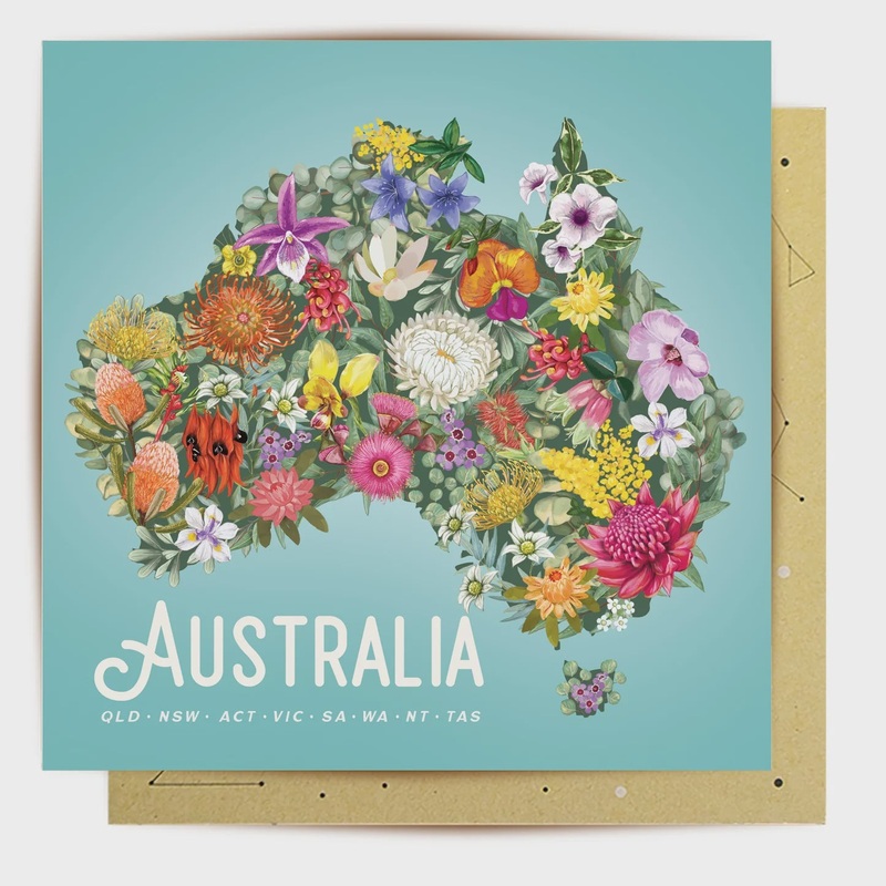 Card - Australia Map Flowers
