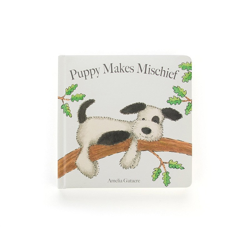 Jellycat Book Puppy Makes Mischief (Bashful Black & Cream Puppy) 19cm
