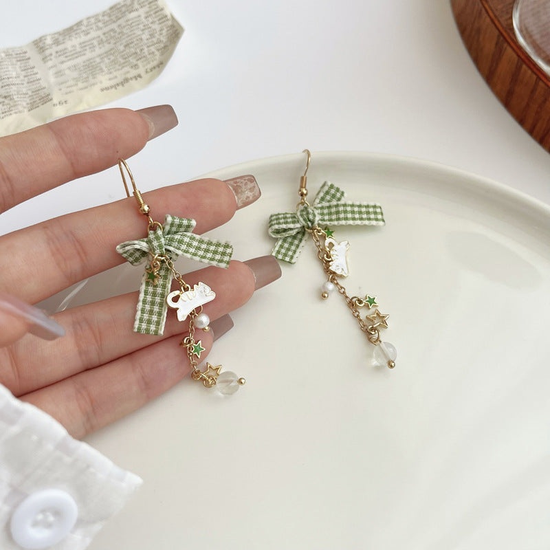 Luninana Earrings - Green Ribbon Cat Earrings YBY061
