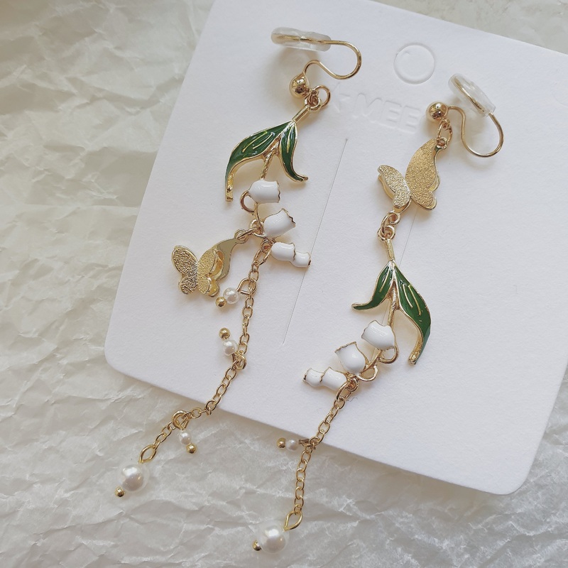 Luninana Clip-on Earrings -  Snowdrop Flower with Golden Butterfly Earrings LL020