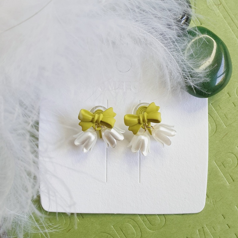 Luninana Clip-on Earrings -  White Bluebell with Green Ribbon Earrings LL022