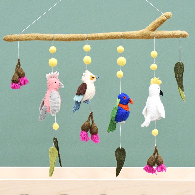 Tara Treasures - BABY NURSERY MOBILE HANGING - AUSTRALIAN BIRDS - COCKATOO, LORIKEET, GALAH AND KOOKABURRA