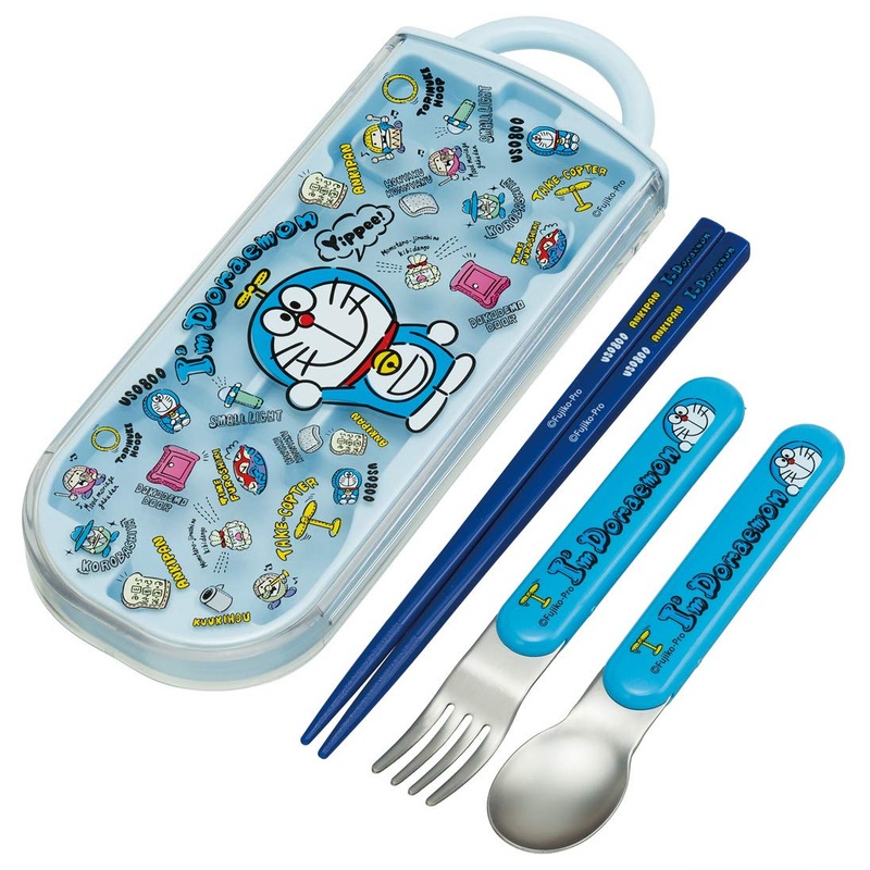 Skater Kids Antibacterial Trio Set - Chopsticks Spoon Fork with Doraemon Plush Toy Made in Japan