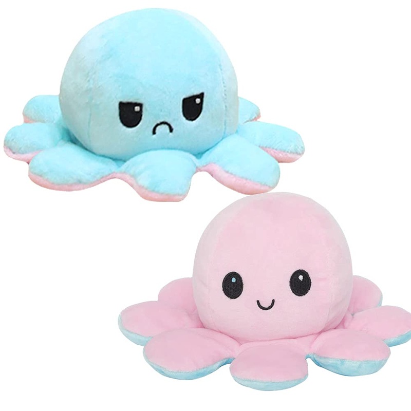 Seinal Reversible Octopus Angry Face And Laughing Face (Sky Blue Pink) Japanese Stuffed Animal